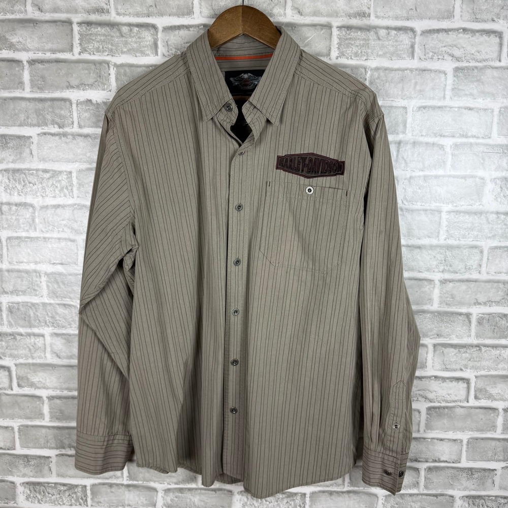 Harley-Davidson Mens XL Pinstripe Long Sleeve Button Up Shirt Tan Embroidered